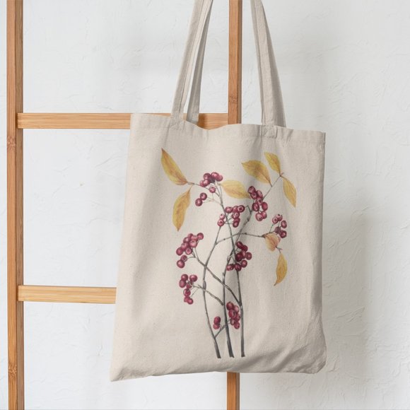Red Chokeberry Vintage Watercolor Botanical Print Graphic Canvas Tote Bag - Picture 5 of 5